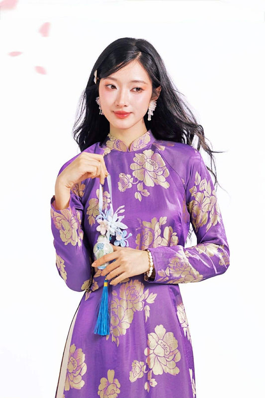 H592 3611 Áo only no pants - Áo dài lụa tằm silk óng quý châu màu tím dài 140cm