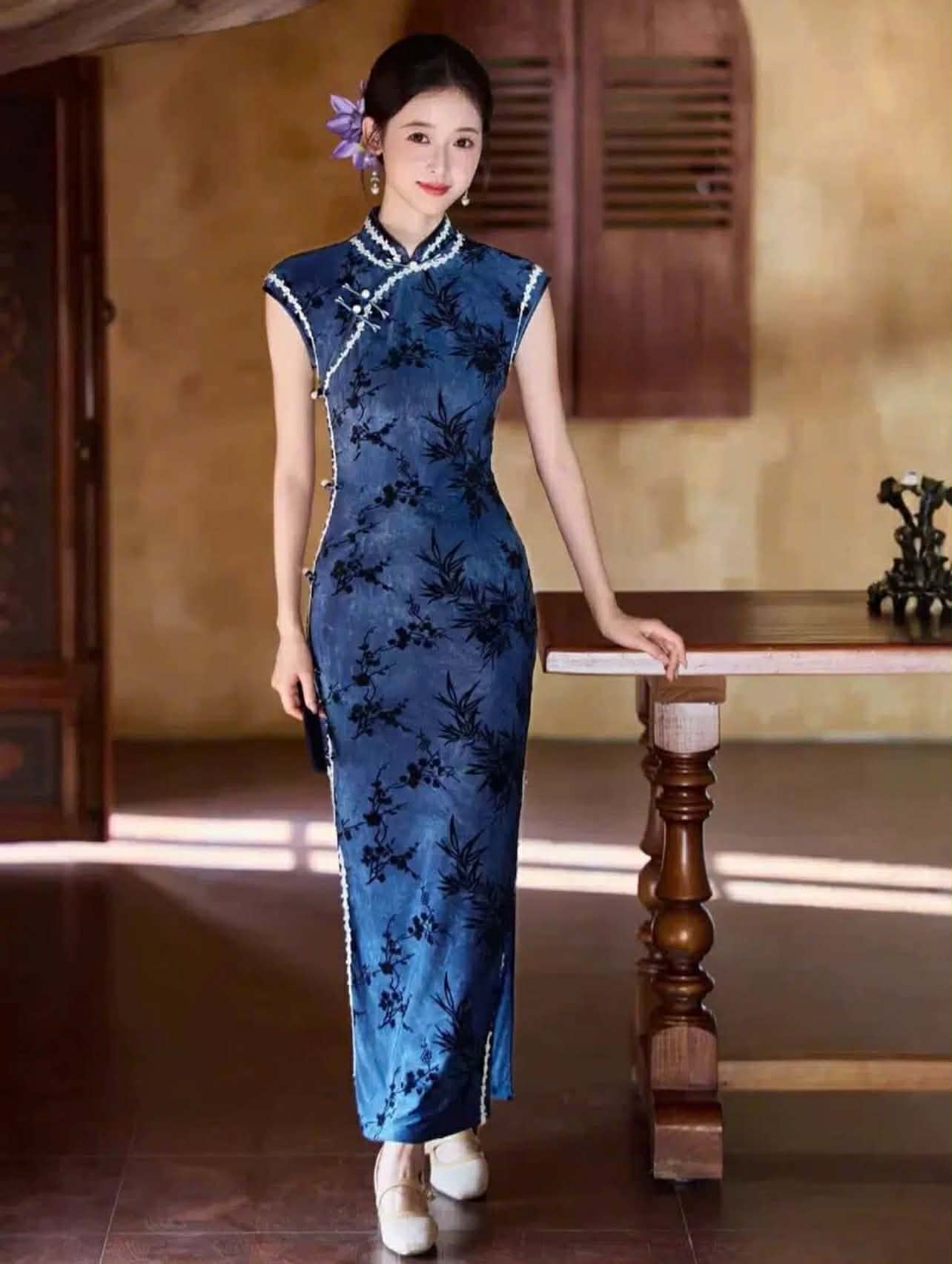 SX07 3749 - Sườn xám lụa dài thanh trúc lam