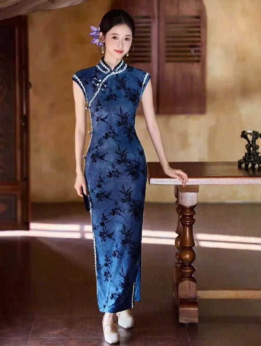 SX07 3749 - Sườn xám lụa dài thanh trúc lam