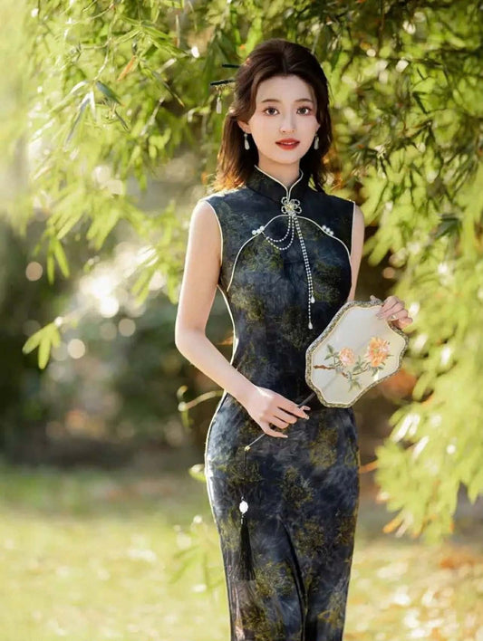 SX02 3744 - Sườn xám lửng huyền vân