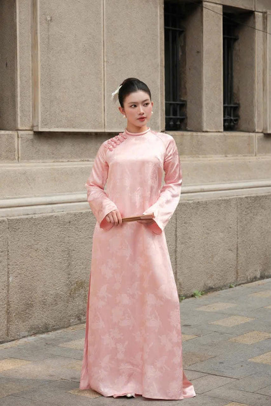 H676 3753 Áo only no pants - Áo dài dáng suông 2 tà màu hồng