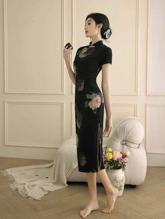 SX04 3746 - Sườn xám lửng tĩnh mặc