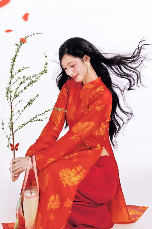 H594 3613 Áo only no pants - Áo dài lụa tằm silk óng quý châu màu cam dài 140cm