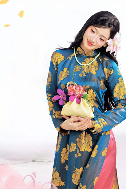 H590 3609 Áo only no pants - Áo dài lụa tằm silk óng quý châu màu xanh dương dài 140cm