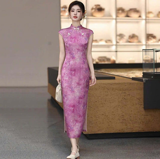 SX05 3747 - Sườn xám lửng hồng tử lan