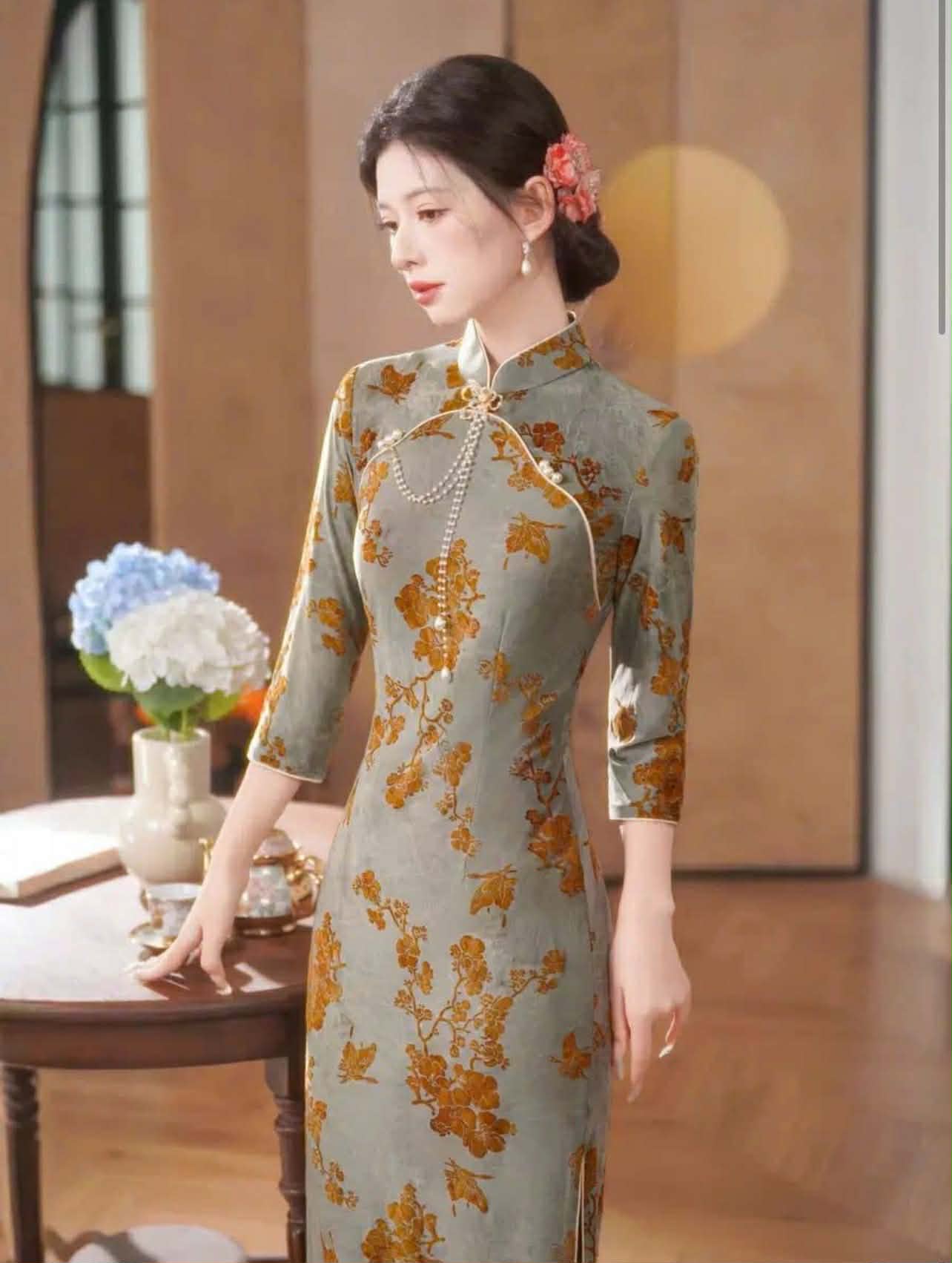 SX01 3743 - Sườn xám dài hoa trà