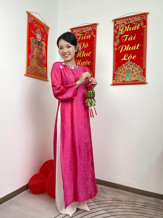 H518 2293 only áo - Áo dài dáng suông 2 tà tằm tencel màu hồng sen