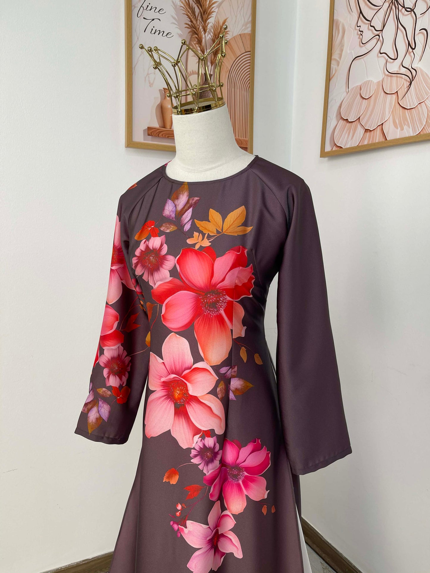 H401 1753 Áo only - Áo dài lụa kim sa phú quý màu nâu hoạ tiết hoa