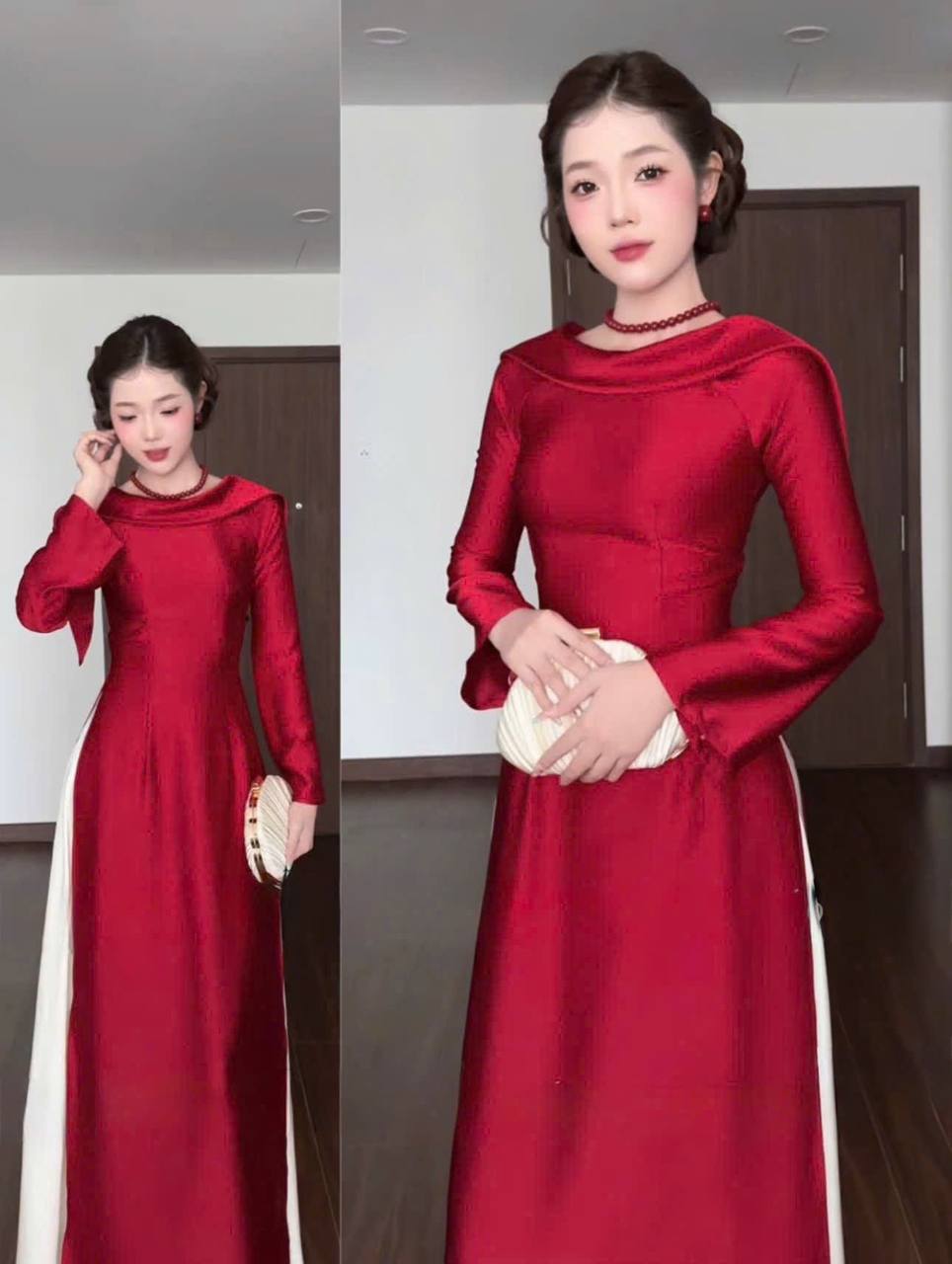 K282 Áo only no pants - Áo dài chiết eo lụa tô châu màu đỏ
