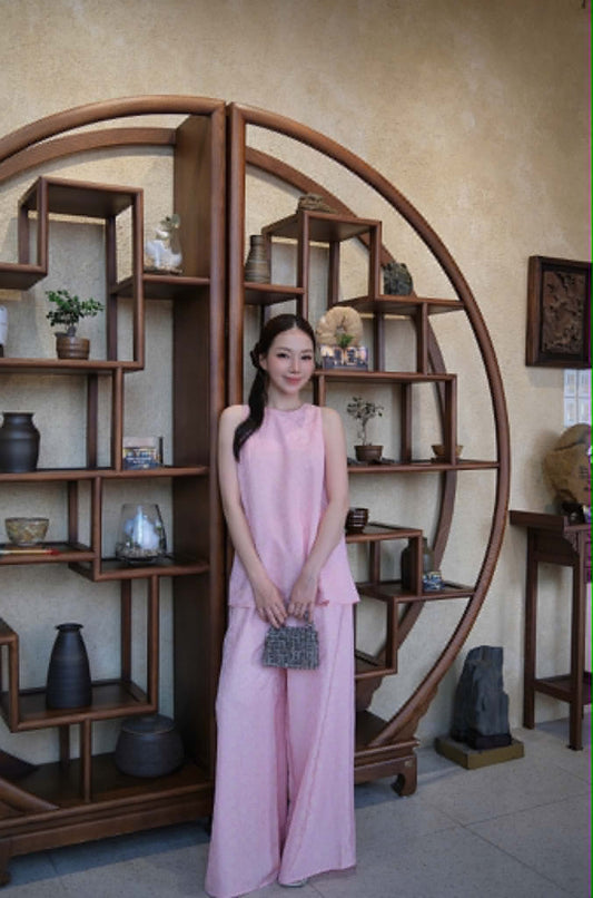 BB266 4569 - Set đồ bộ áo sát nách lụa gấm lông công màu hồng