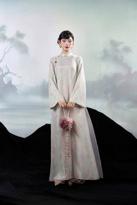 H853 4462 Áo only no pants - Áo dài dáng suông 2 tà lụa silk óng xám ánh hồng kèm choàng tơ