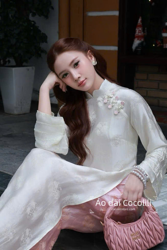 HD35 Áo trắng + quần hồng nha xá - Áo dài dáng suông 2 tà lụa tơ tằm nha xá