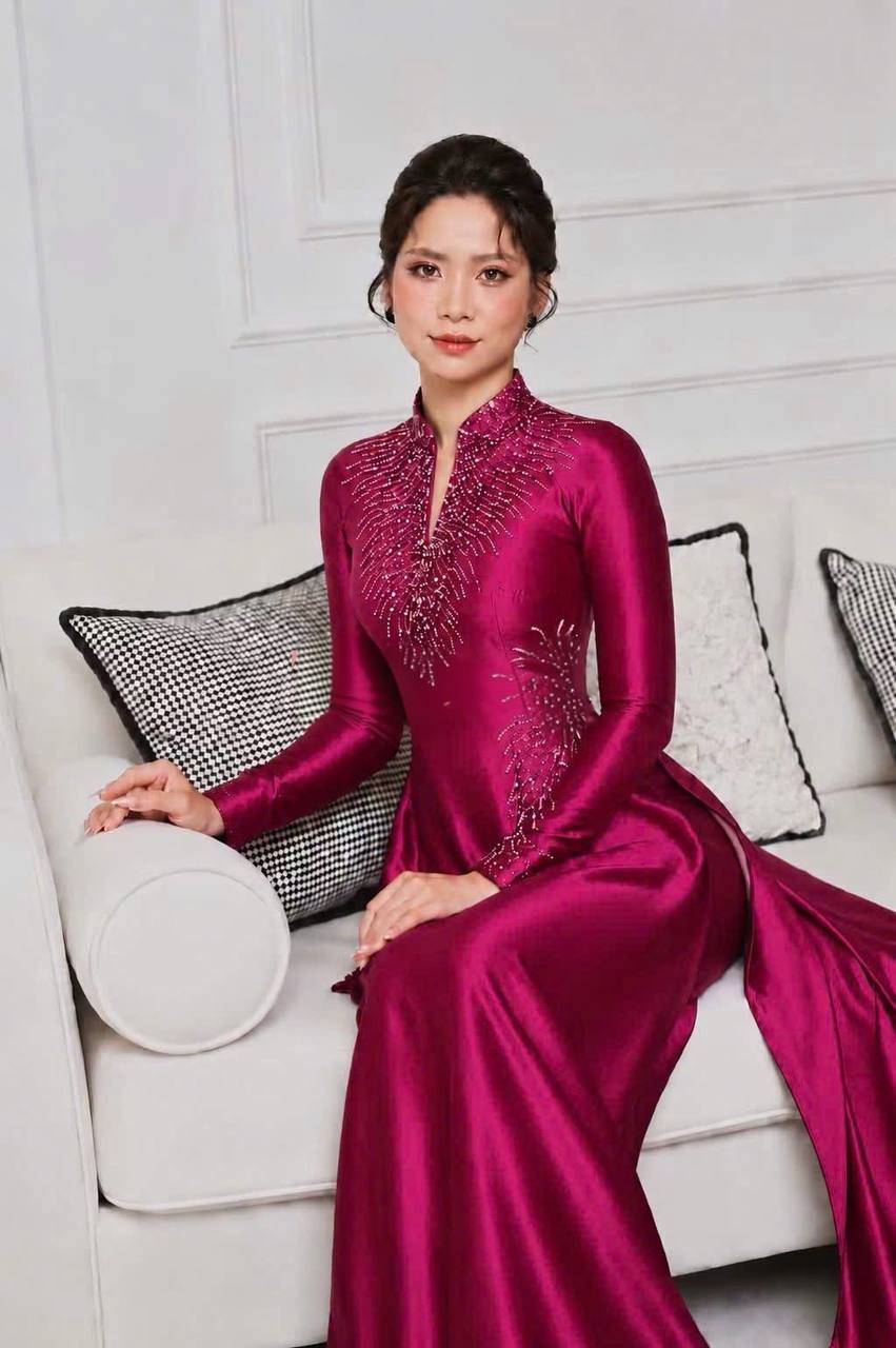 S367 5263 Áo only no pants - Áo dài thiết kế đính kết dáng truyền thống chiết li eo lụa bảo ngọc màu hồng sen