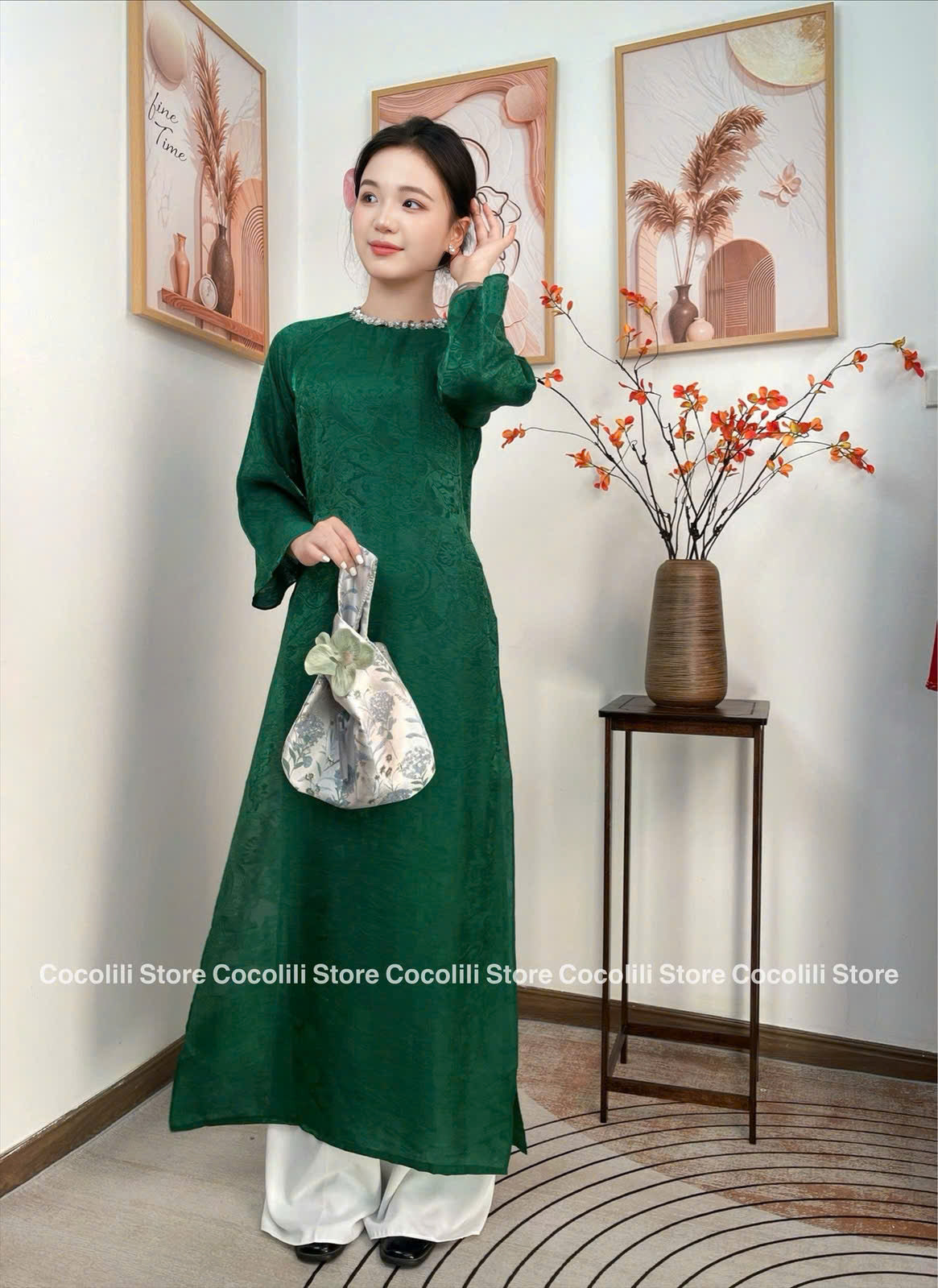 H502 1998 Áo only - Áo dài tằm tencel đính cổ màu xanh