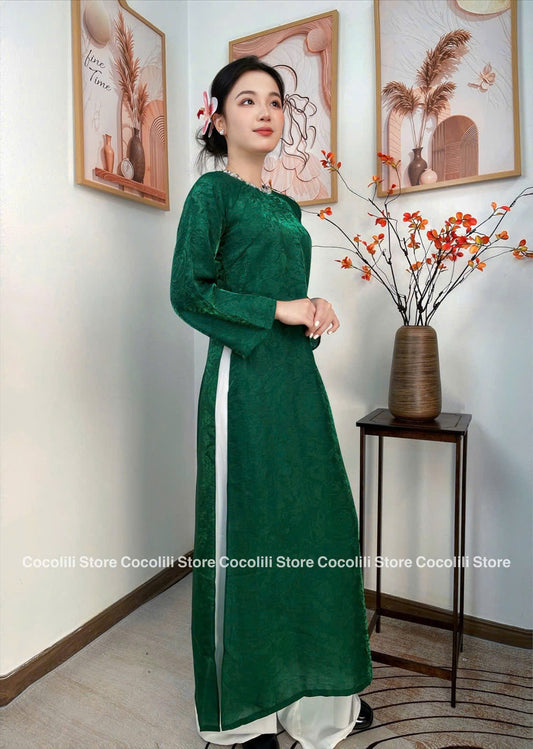 H502 1998 Áo only - Áo dài tằm tencel đính cổ màu xanh