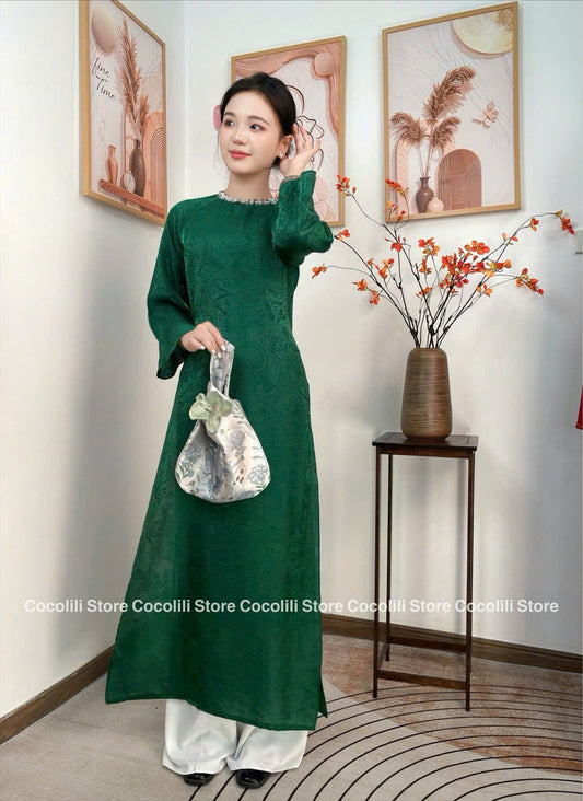 H502 1998 Áo only - Áo dài tằm tencel đính cổ màu xanh