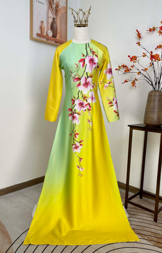 H454 1902 Áo only - Áo dài lụa ánh sao màu vàng chanh