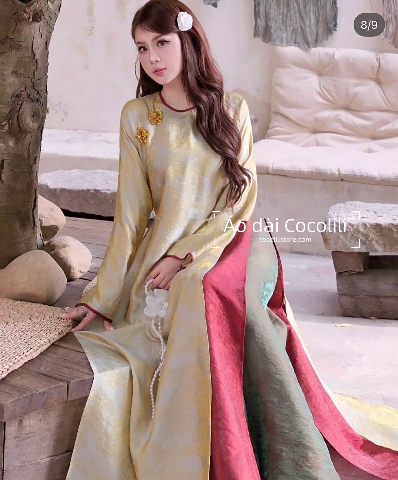 M360 2410 Áo + quần tằm - Áo dài dáng suông 4 tà lụa ánh kim tencel