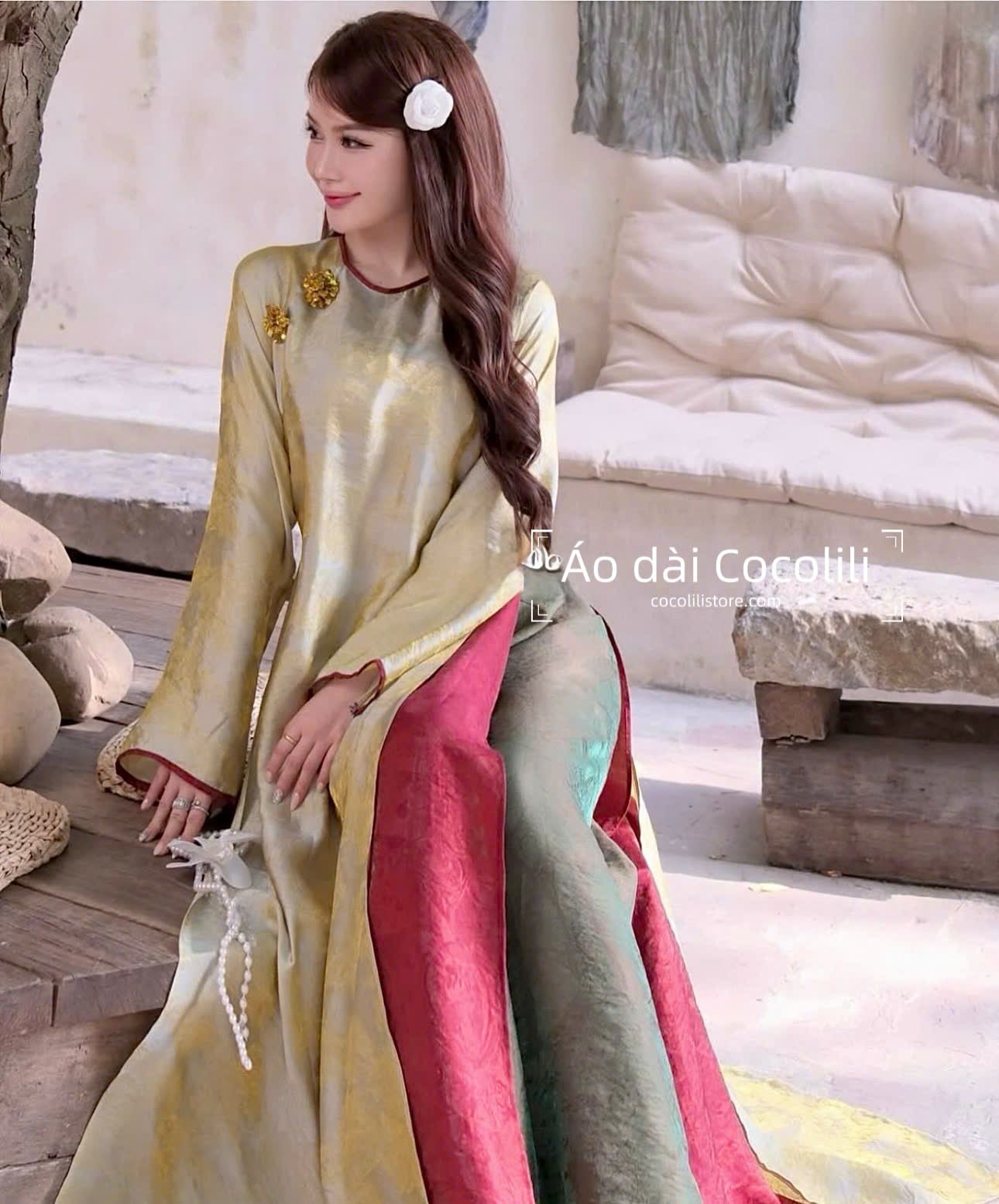 M360 2410 Áo + quần tằm - Áo dài dáng suông 4 tà lụa ánh kim tencel