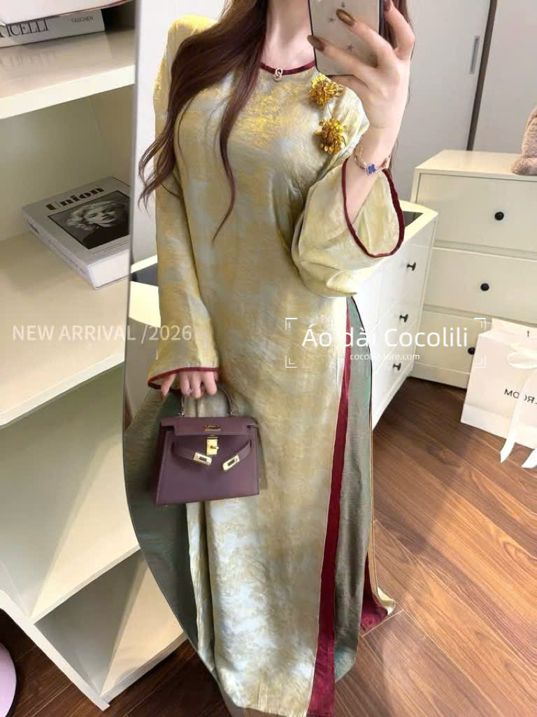 M360 2410 Áo + quần tằm - Áo dài dáng suông 4 tà lụa ánh kim tencel