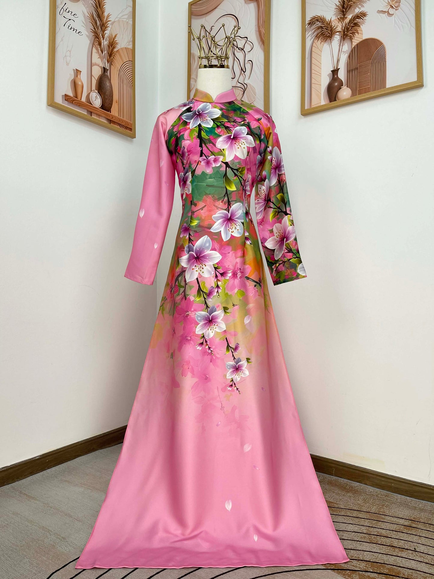 H441 1780 Áo only - Áo dài lụa kim sa phú quý màu hồng in hoa