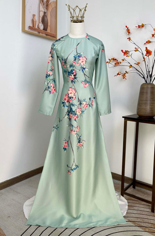 H457 1908 Áo only - Áo dài lụa ánh sao màu xanh