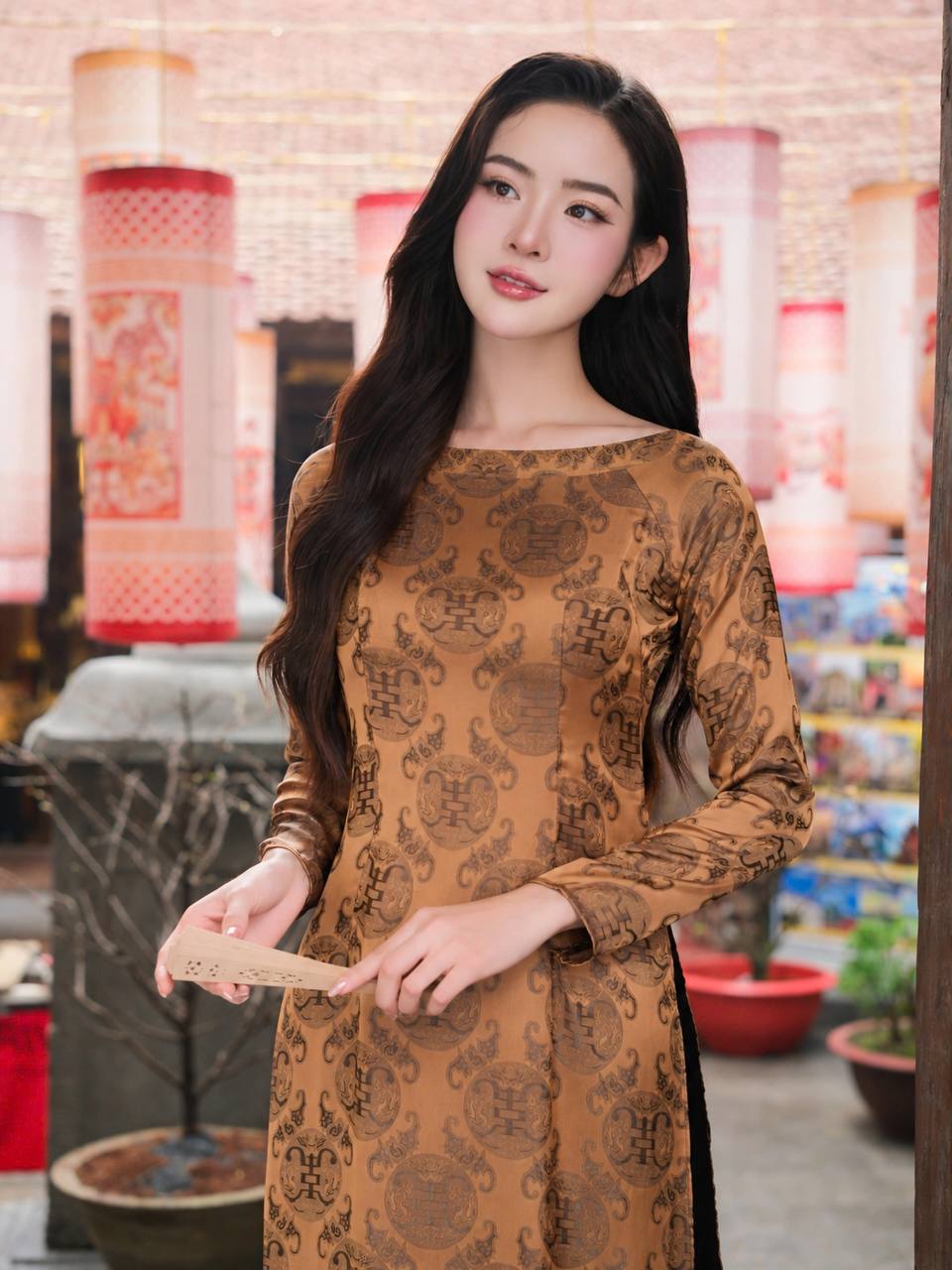 K255 Áo only no pants - Áo dài dáng truyền thống chiết li eo lụa gấm thọ dơi nâu cổ thuyền
