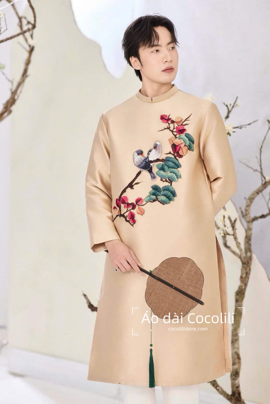 M225 2415 Áo only - Áo dài nam tafta thêu màu kem