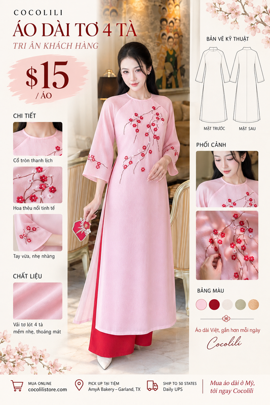K108 5299 Áo only no pants - Áo dài cách tân tơ 4 tà thêu màu hồng