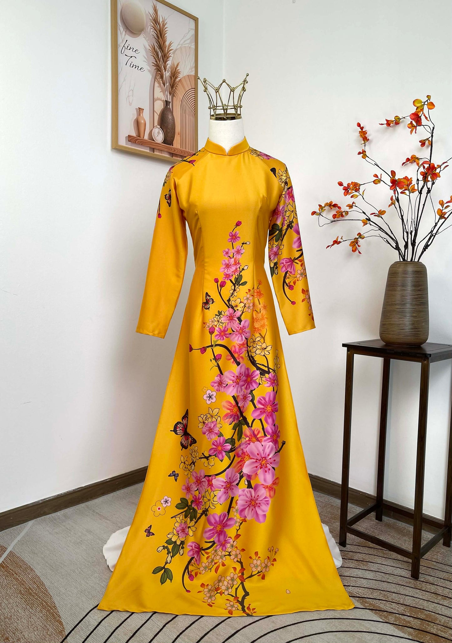 H428 1774 Áo only - Áo dài lụa kim sa phú quý màu vàng