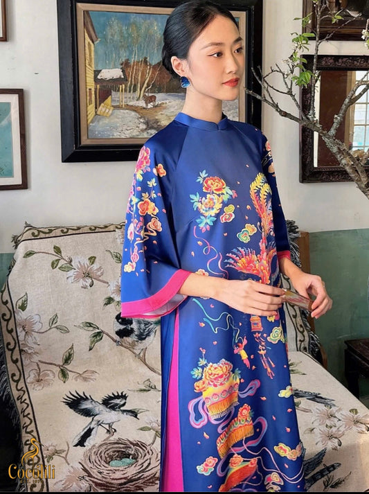 M176 Áo xanh coban - Áo dài cách tân dáng suông xéo xọ