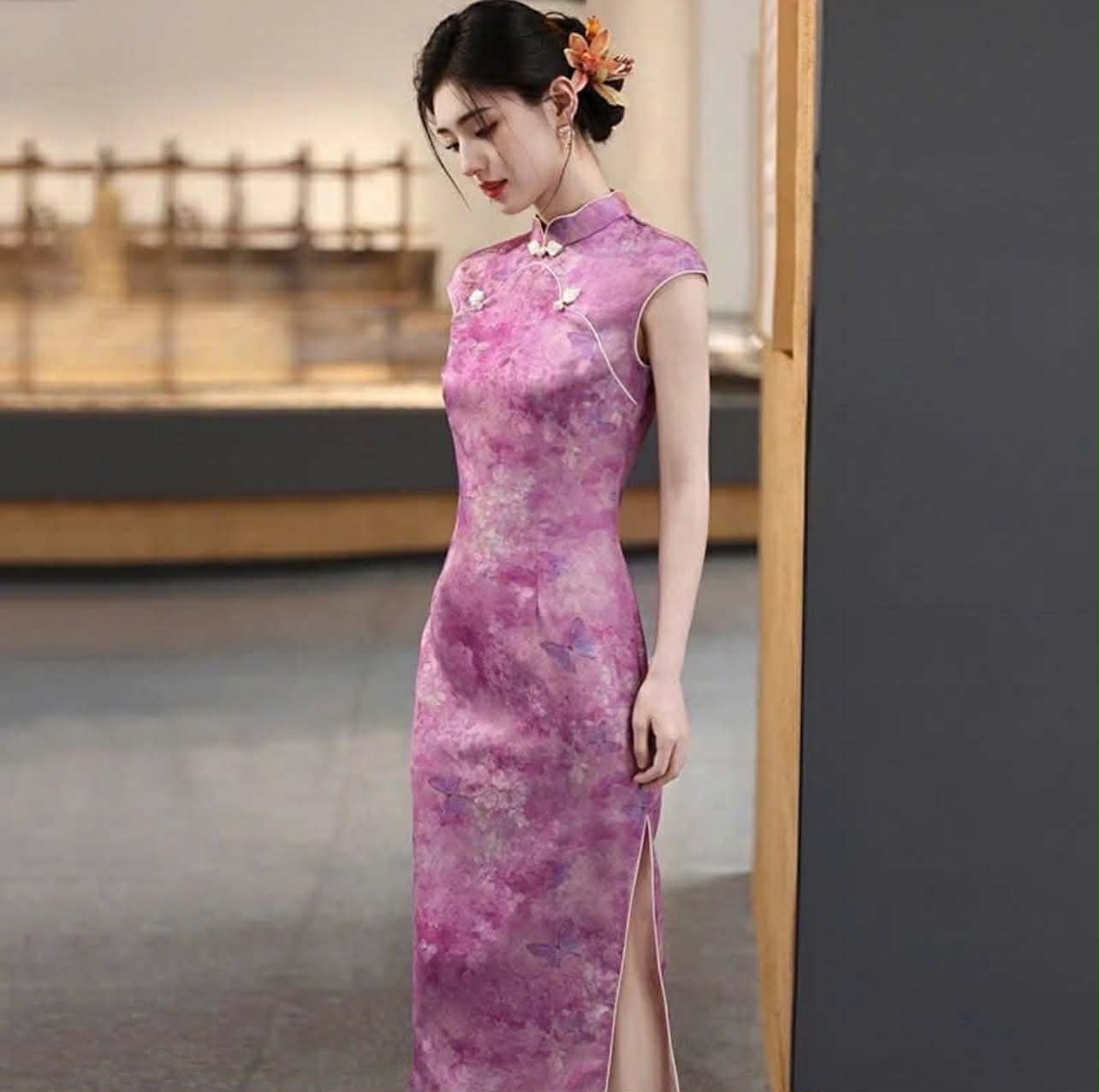 SX05 3747 - Sườn xám lửng hồng tử lan