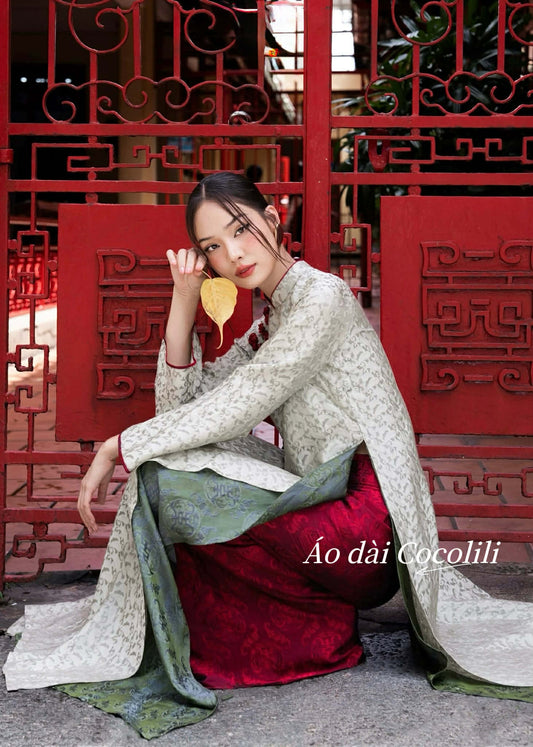 HD109 Áo + quần nha xá - Áo dài dáng suông 4 tà lụa nha xá (khuy áo tương tự)