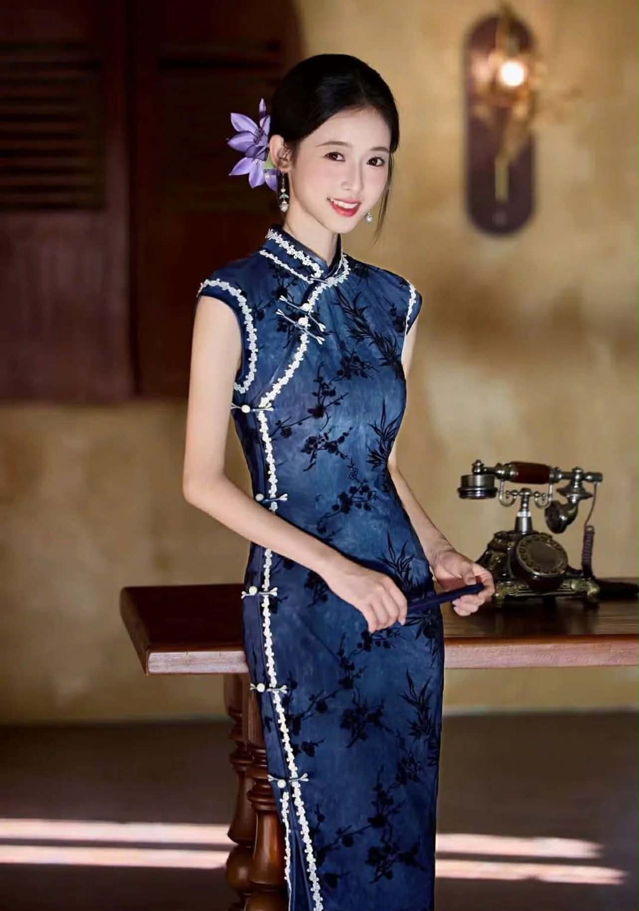 SX07 3749 - Sườn xám lụa dài thanh trúc lam