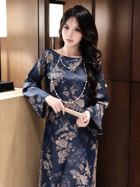 K176 5702 Áo only no pants - Áo dài dáng truyền thống chiết li eo lụa tằm sen hạc cổ thuyền