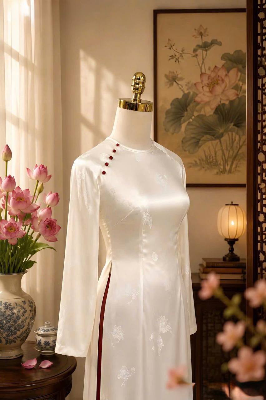 K218 5751 Áo only no pants - Áo dài dáng truyền thống chiết li eo 2 tà lụa sen dạ cúc màu trắng kem