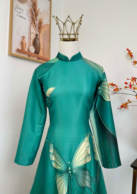 H460 1910 Áo only - Áo dài lụa ánh sao màu xanh in cánh bướm