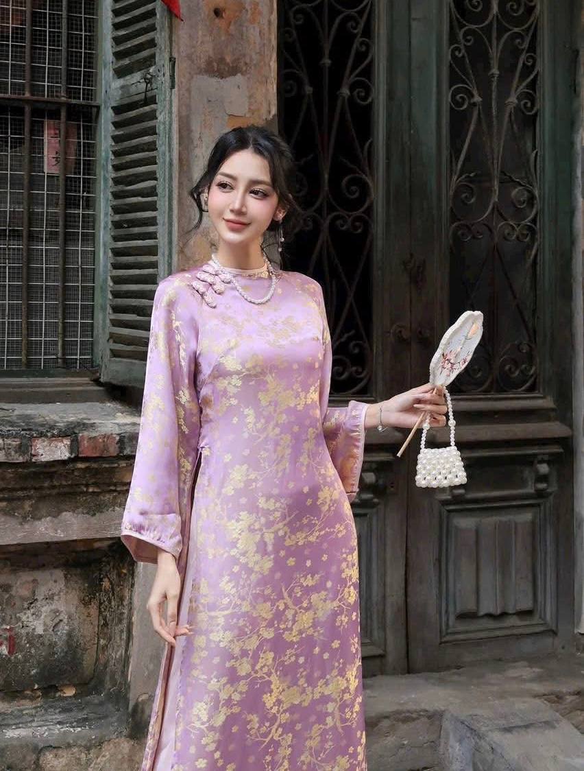 K161 Áo only no pants - Áo dài dáng suông lụa gấm tuyết mai màu tím cà