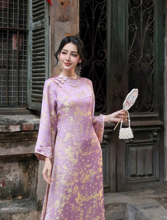 K161 5691 Áo only no pants - Áo dài dáng suông lụa gấm tuyết mai màu tím cà