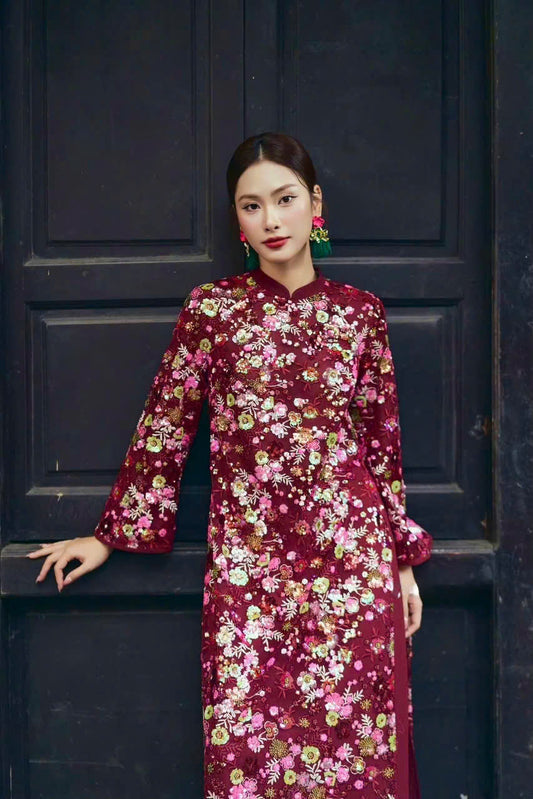 M296 2202 Áo + quần - Áo dài dáng suông kimsa màu đỏ + quần đỏ