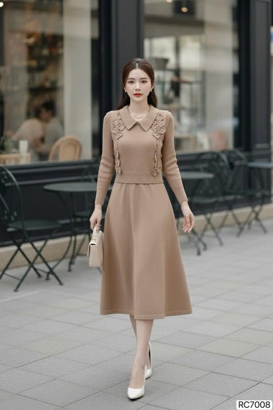 DRESS Rc7008 Set áo ghile len màu nâu