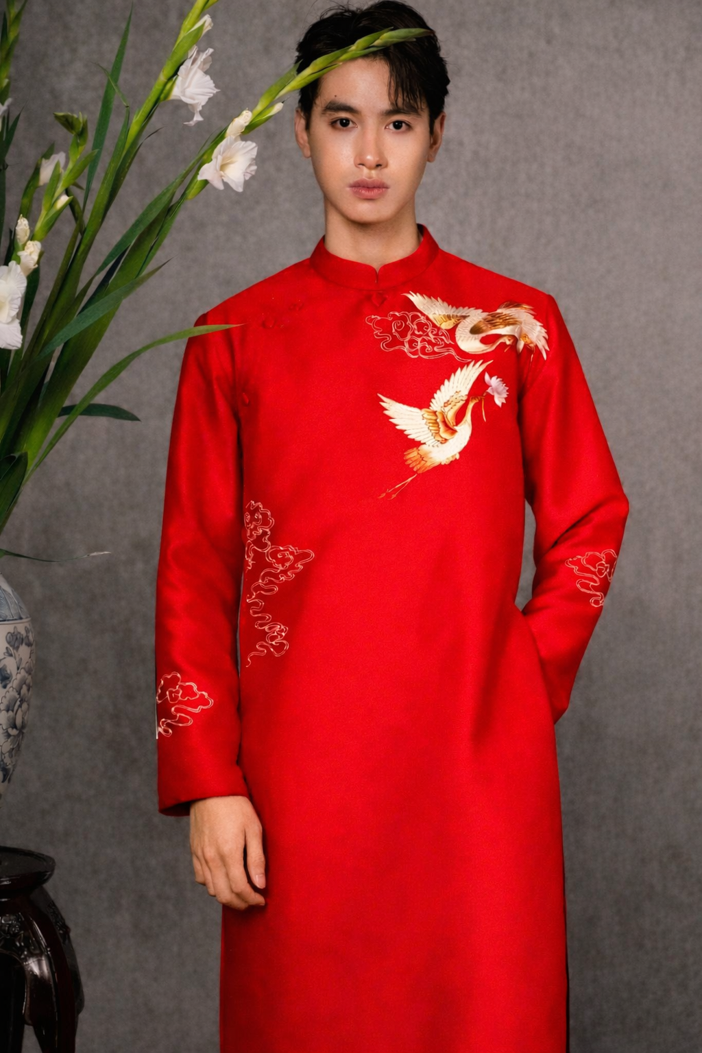 M175 Áo + quần đỏ - Áo dài mẹ dáng truyền thống lụa thọ dơi màu đỏ