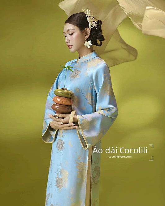 H653 Áo only no pants - Áo dài dáng suông 2 tà lụa gấm màu xanh blue