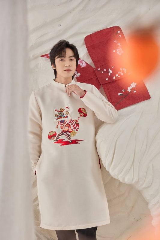 B86 2245 - Áo dài nam gấm vân nổi thêu màu kem be