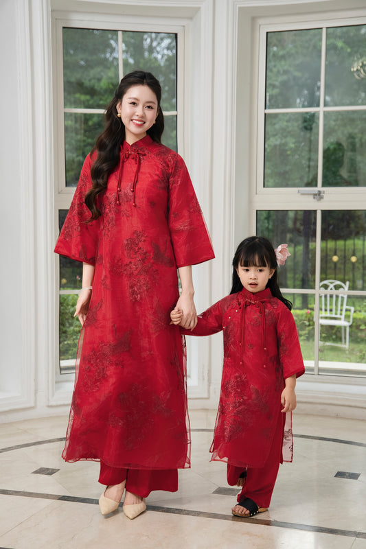 BG110 5868 Áo + quần - Áo dài bé gái tơ thêu 4 tà màu đỏ
