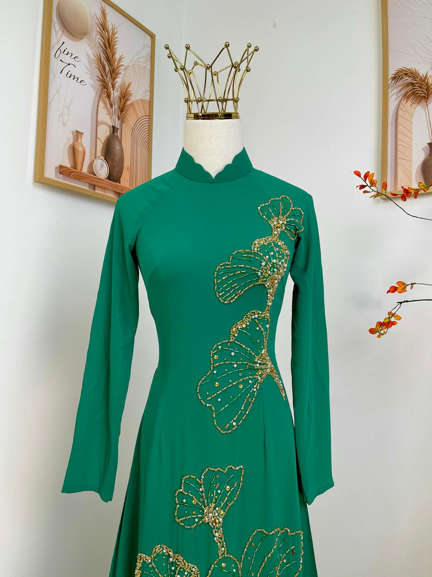 S237 1887 Áo only - Áo dài chiffon 4 tà thiết kế đính đá màu xanh lá