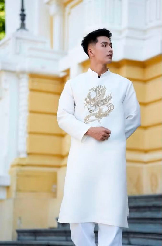 B167 4111 only áo - Áo dài nam thêu phượng hoàng màu trắng