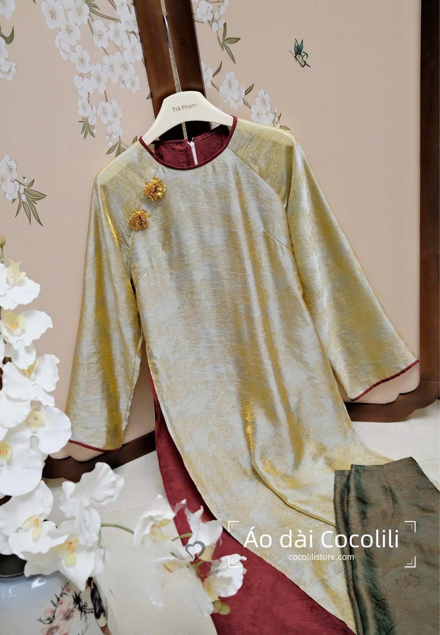 M360 2410 Áo + quần tằm - Áo dài dáng suông 4 tà lụa ánh kim tencel