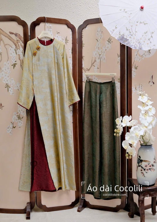 M360 2410 Áo + quần tằm - Áo dài dáng suông 4 tà lụa ánh kim tencel