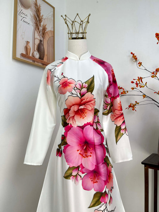 H420 1948 Áo only - Áo dài lụa ánh sao màu trắng in hoa to